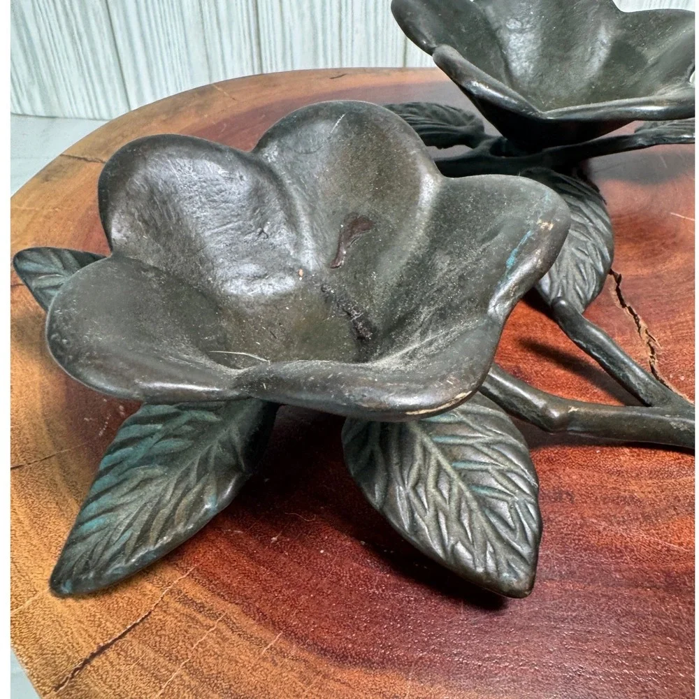 Bronze Magnolia Flower Branch Incense Cone Holders Pair Verdigris Patina Metal